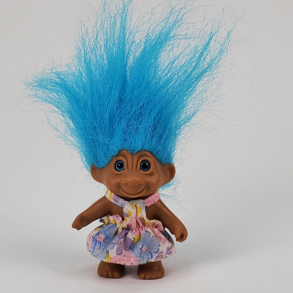 Vintage Troll Doll Blue Hair Floral Dress 3 Inch Collectible Retro Toy Figure